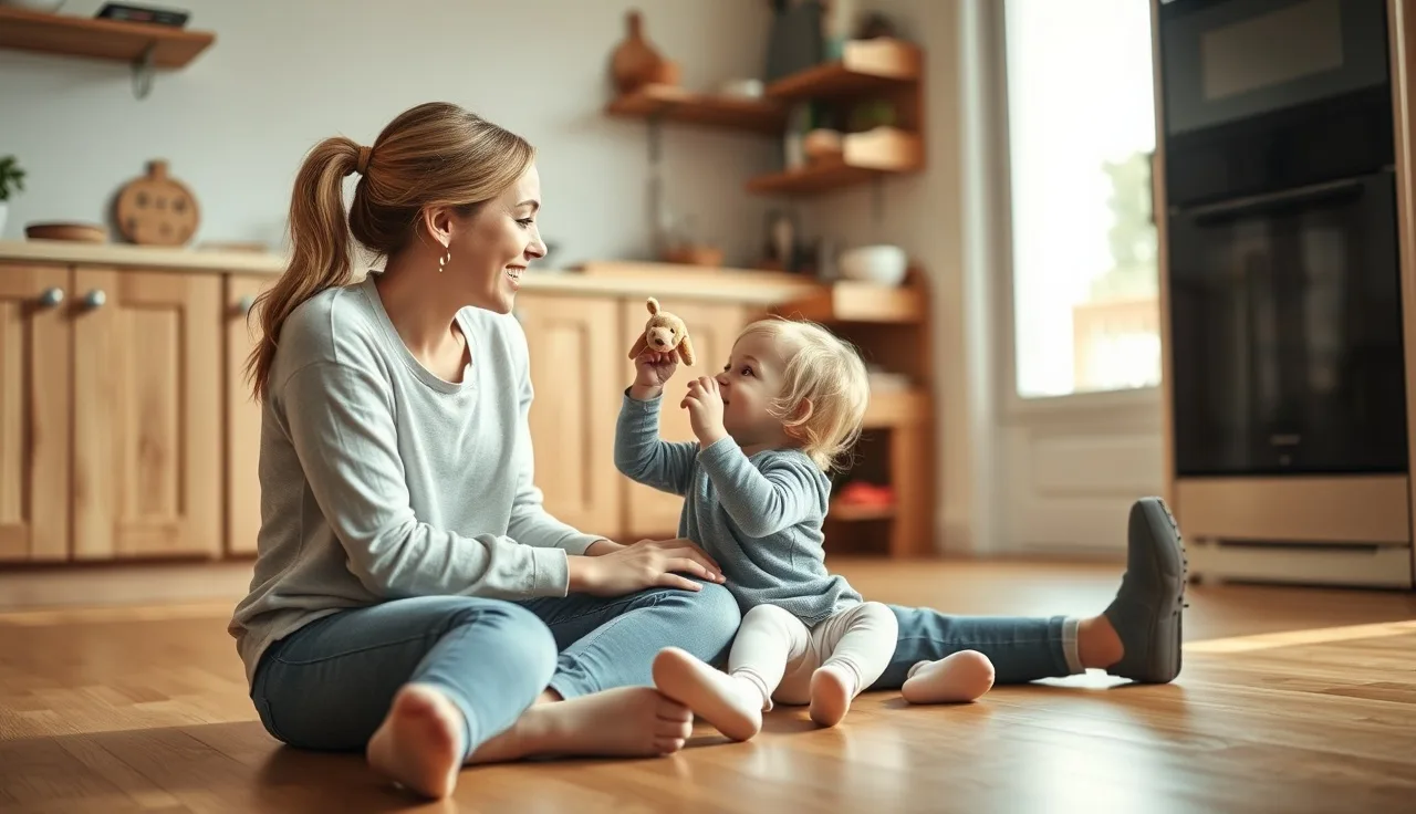 Mother and toddler practicing speech together on a kitchen floor at home