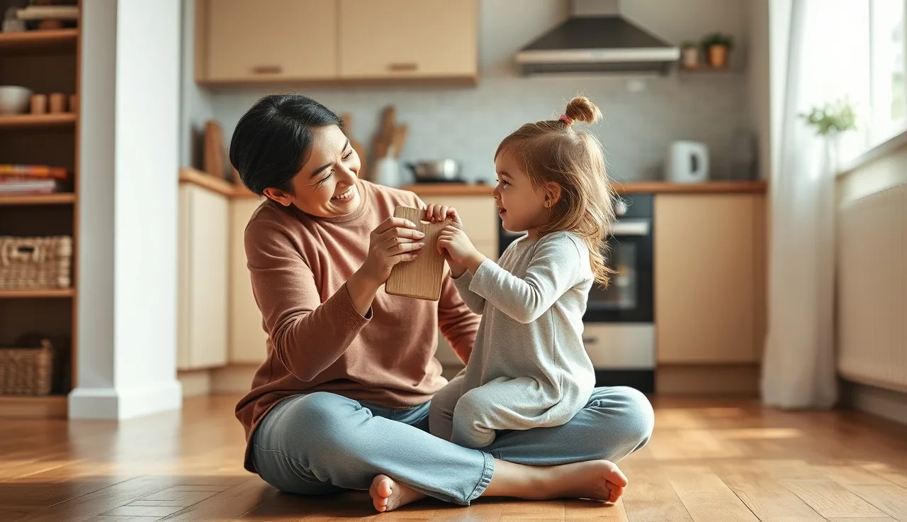 Mother and toddler daughter playing on kitchen floor with a wooden toy
