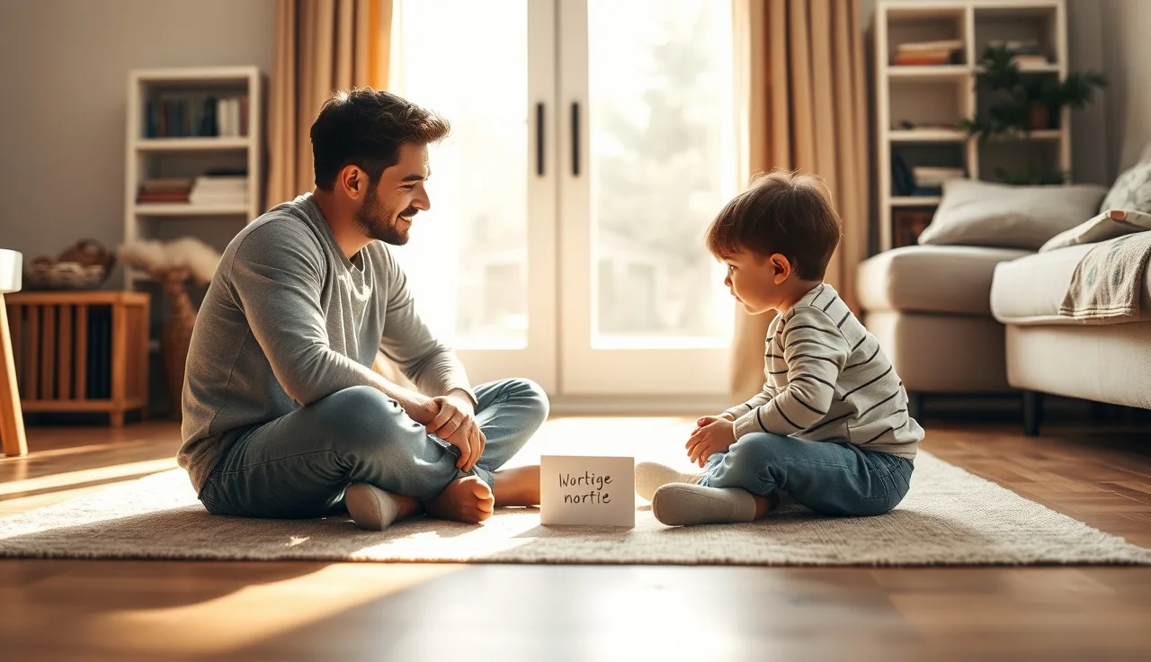 Parent and child practicing conversation with a topic card on the floor
