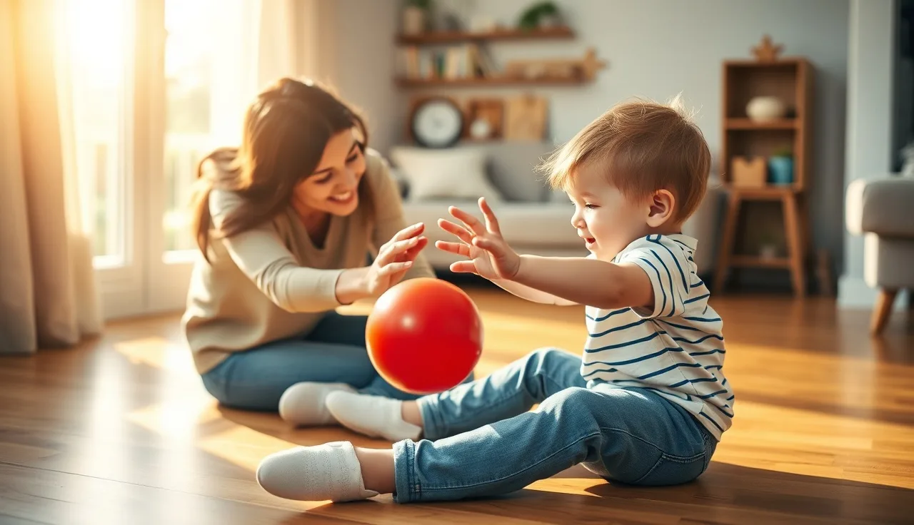 Parent and toddler taking turns rolling a red ball on a wooden floor