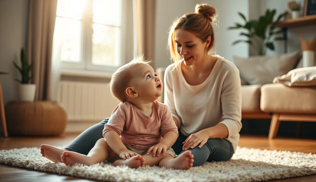 Toddler attempting to speak while a caregiver listens attentively at home