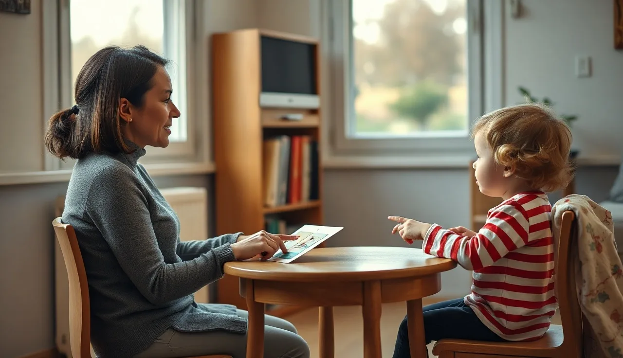 Speech-language pathologist testing a young child's speech using picture cards in a clinic