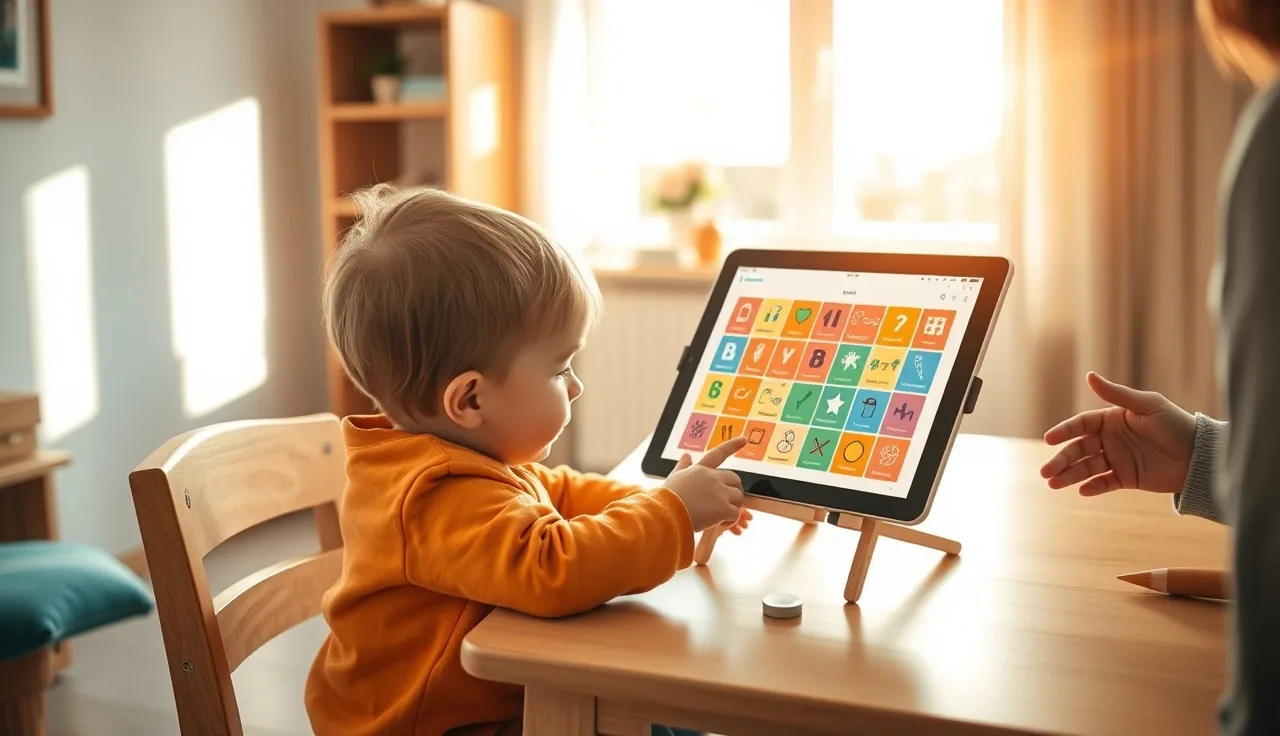 Child pointing at AAC symbol grid on tablet during therapy session