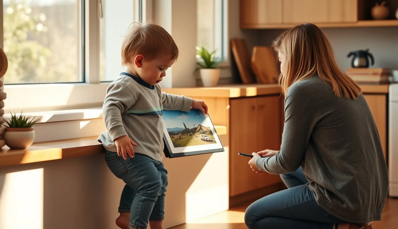 Toddler pointing at first then board pictures on a kitchen shelf