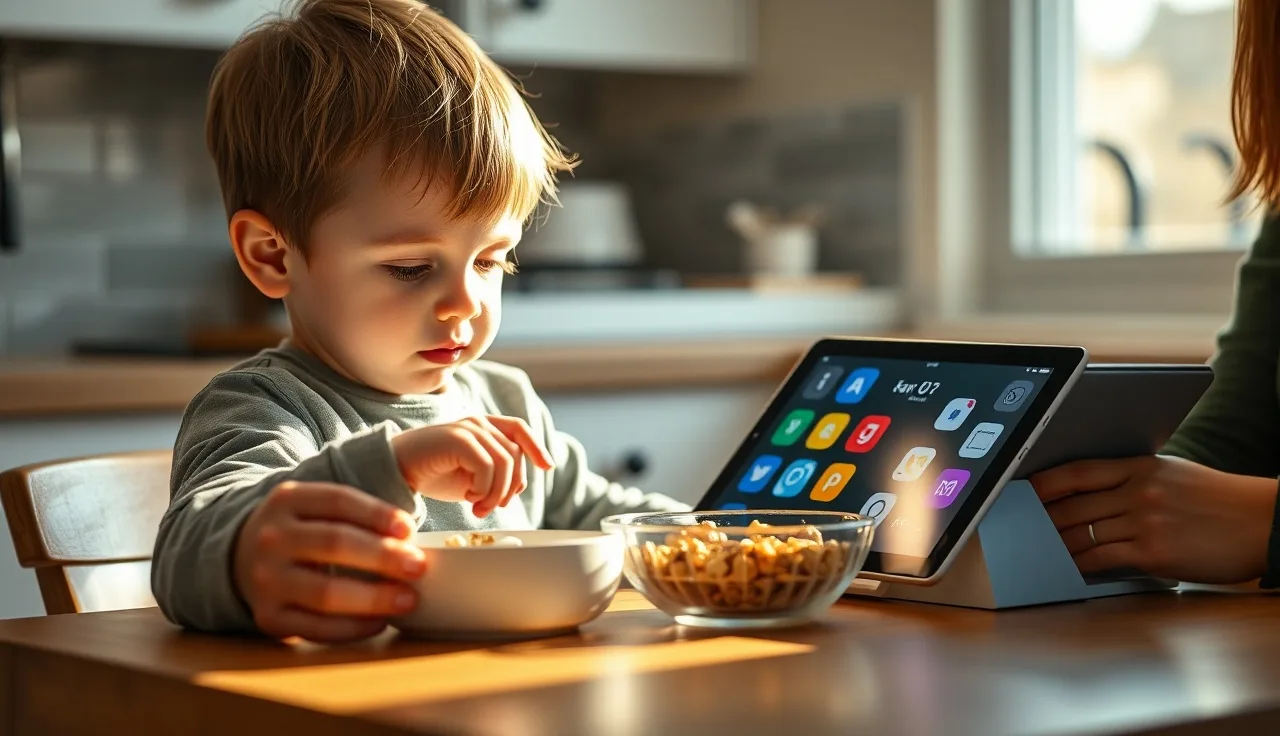 Young child using a talker device at breakfast table with parent nearby