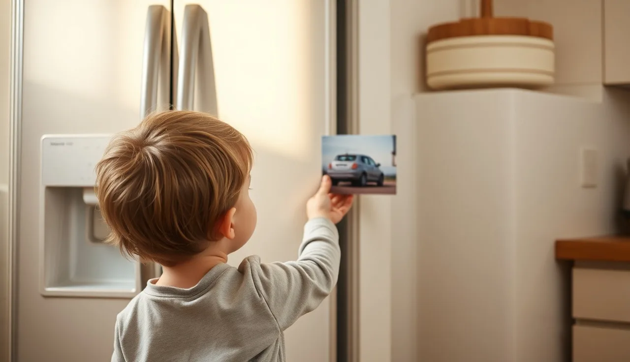Young child pointing at laminated visual schedule cards on a refrigerator