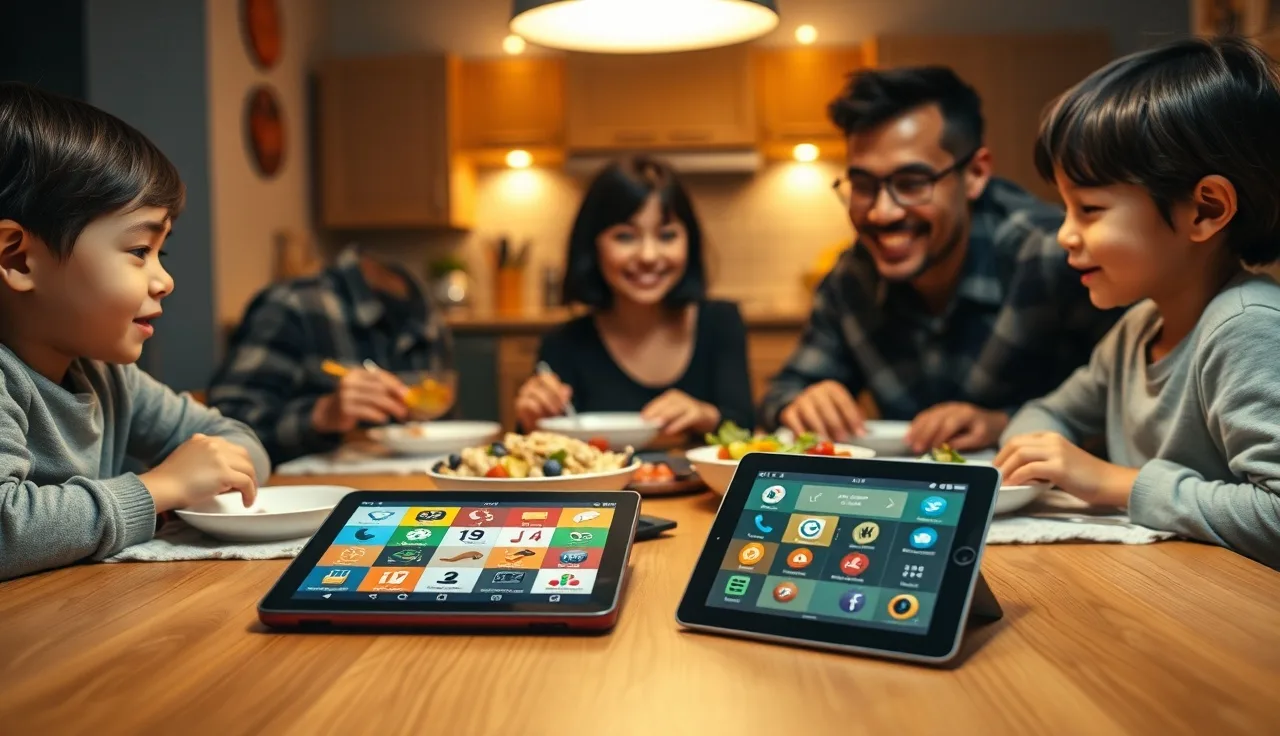 Child using AAC tablet beside dinner plate at family kitchen table