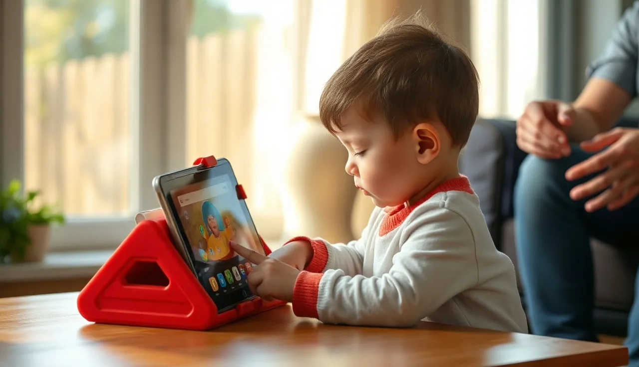 Young child pressing symbols on an AAC tablet device at a home table