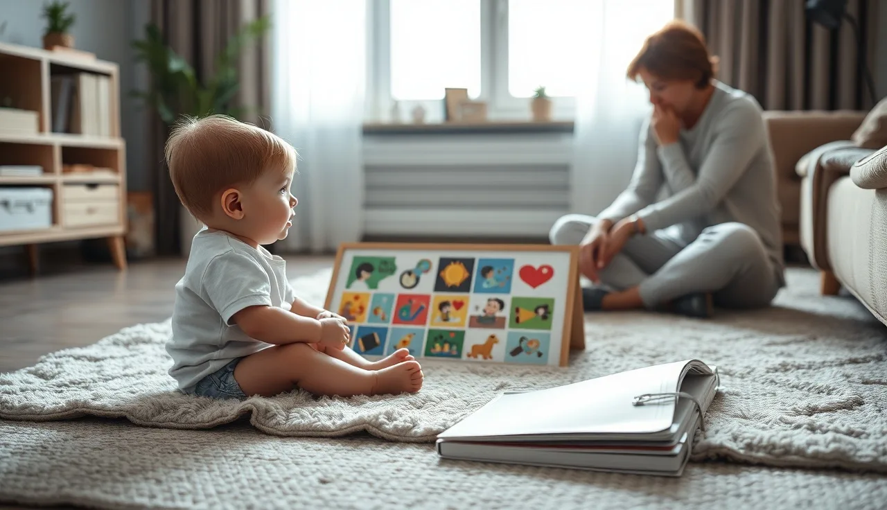 Child sitting near an open picture communication board during a calm moment at home