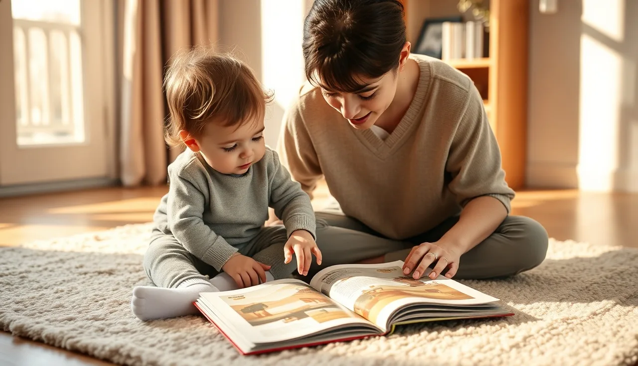 Toddler pointing at picture book page while parent reads alongside on living room floor