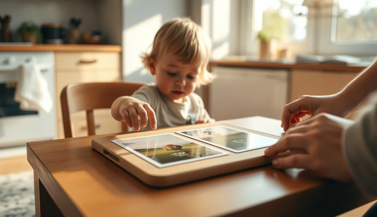 Young child pointing to a picture card on a homemade choice board at a kitchen table