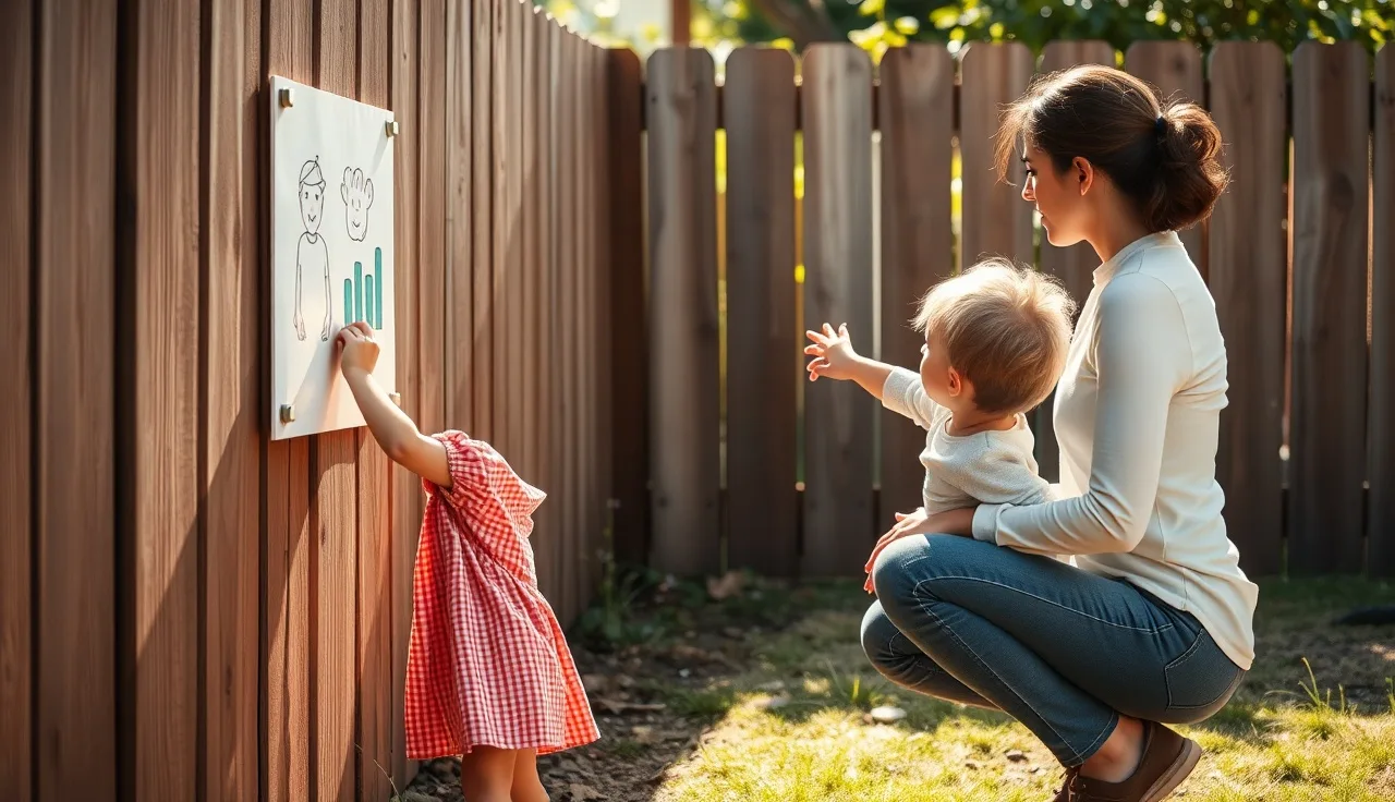 Child and caregiver using a laminated communication board clipped to a fence during outdoor play
