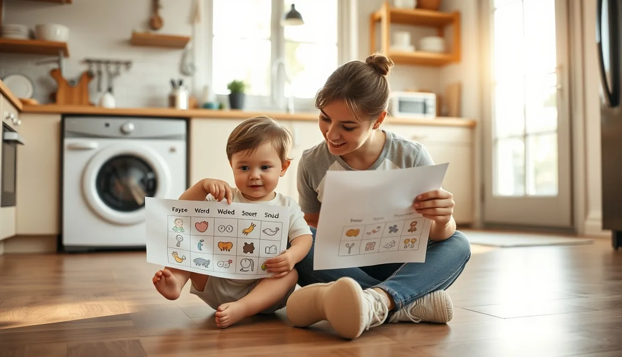 Parent and toddler using a laminated core vocabulary board on kitchen floor