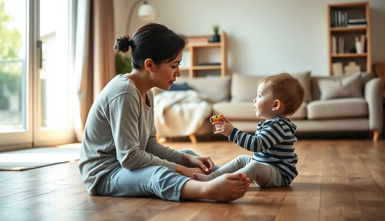 Parent and toddler sitting face to face on floor practicing communication
