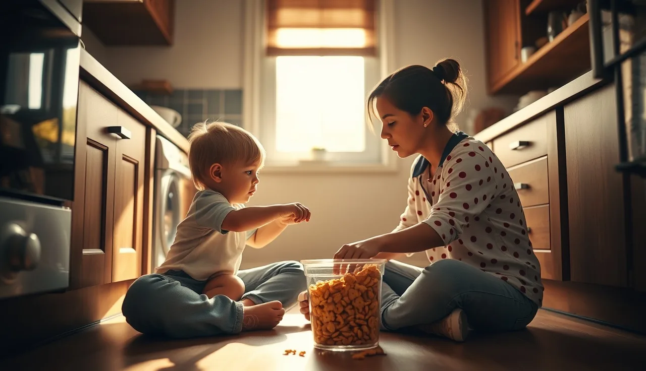 Parent and toddler reaching together toward snacks during a home communication moment