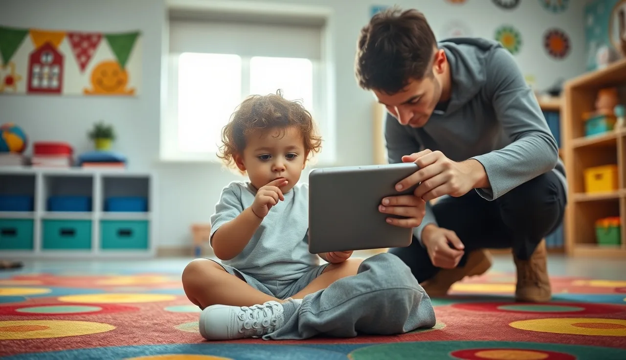 Young child holding an iPad AAC device with a parent nearby guiding them