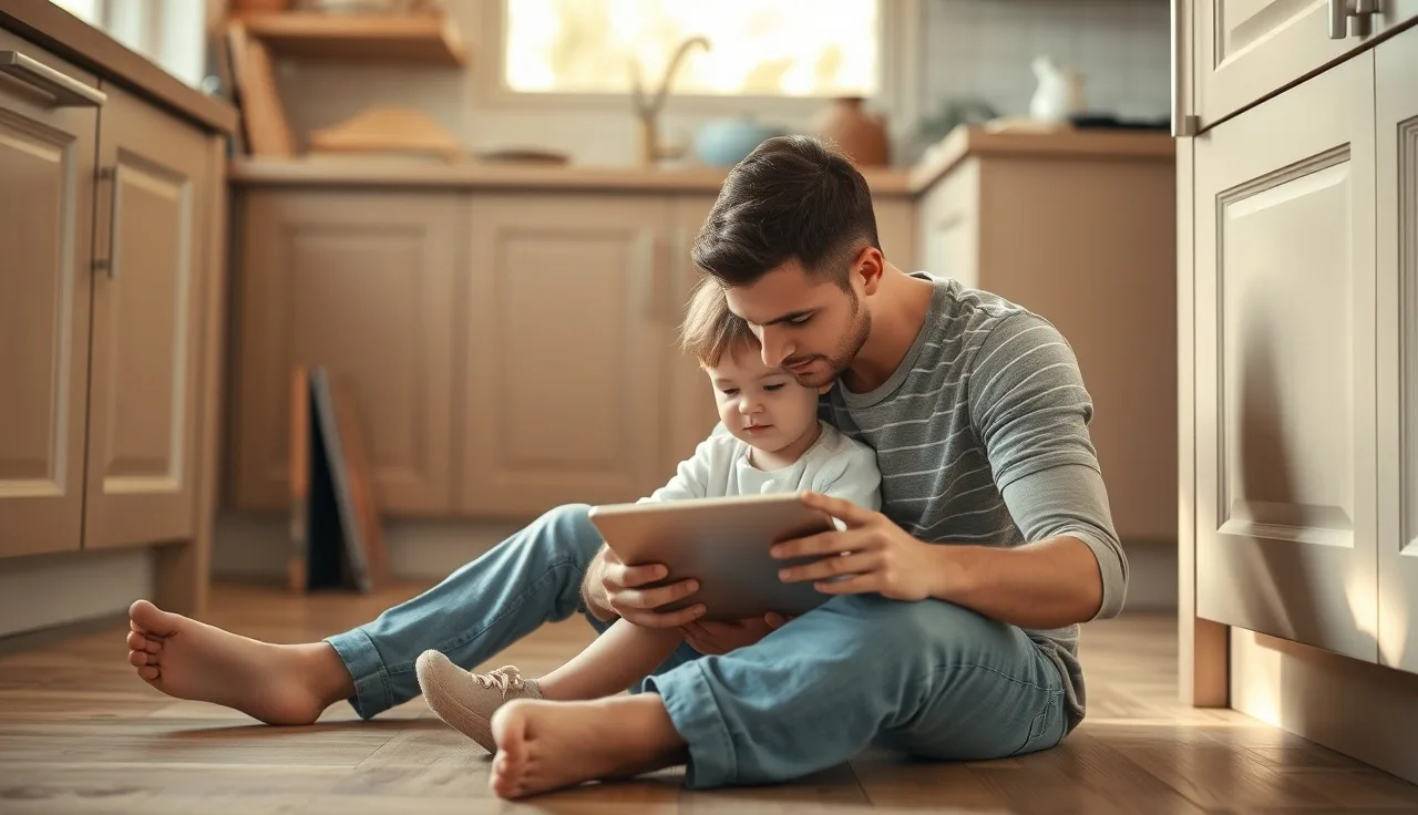 Parent and child using a tablet AAC device together on a kitchen floor