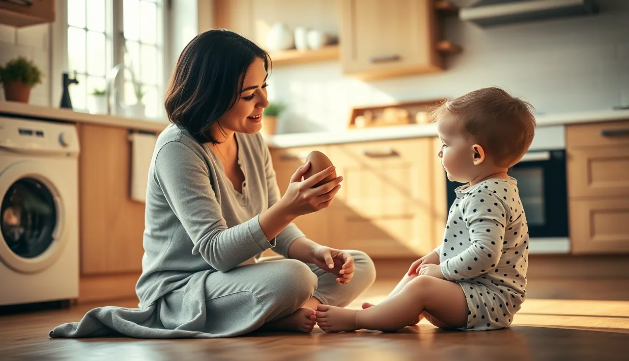 Mother and toddler making music together on kitchen floor, encouraging talking