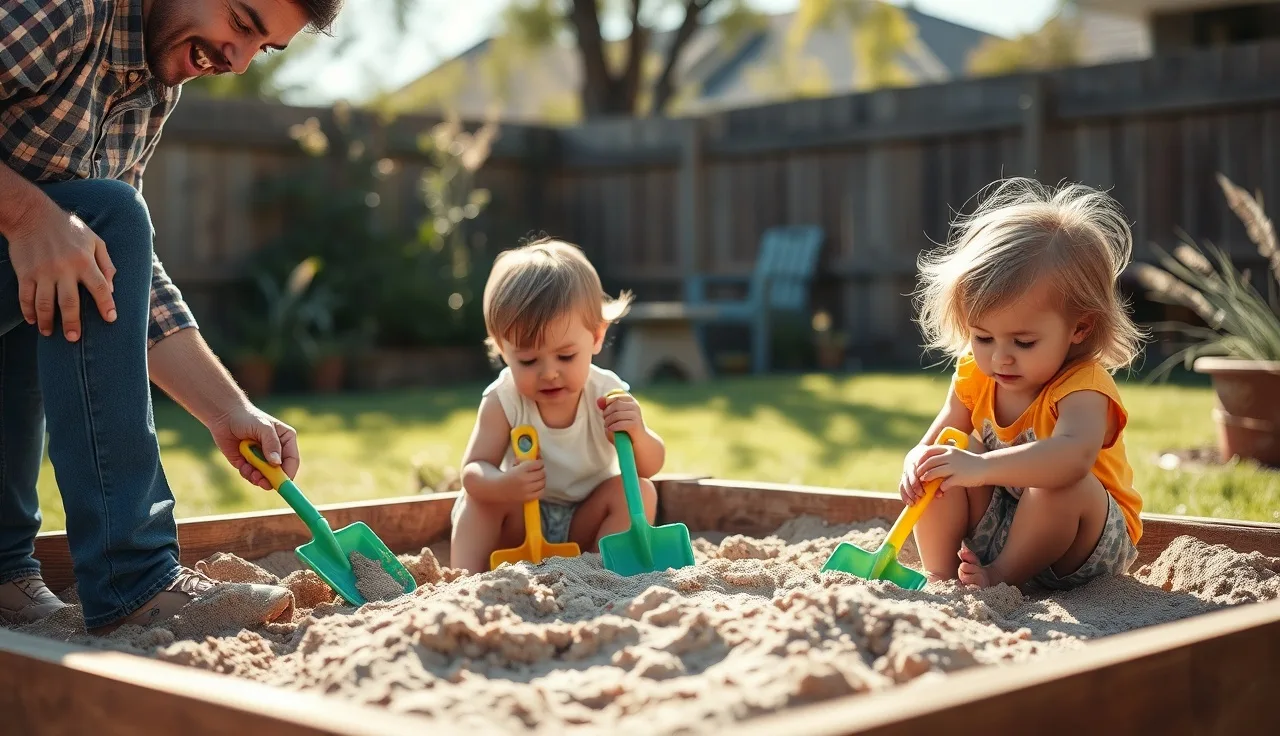 Parent and two children playing in a backyard sandbox during outdoor play