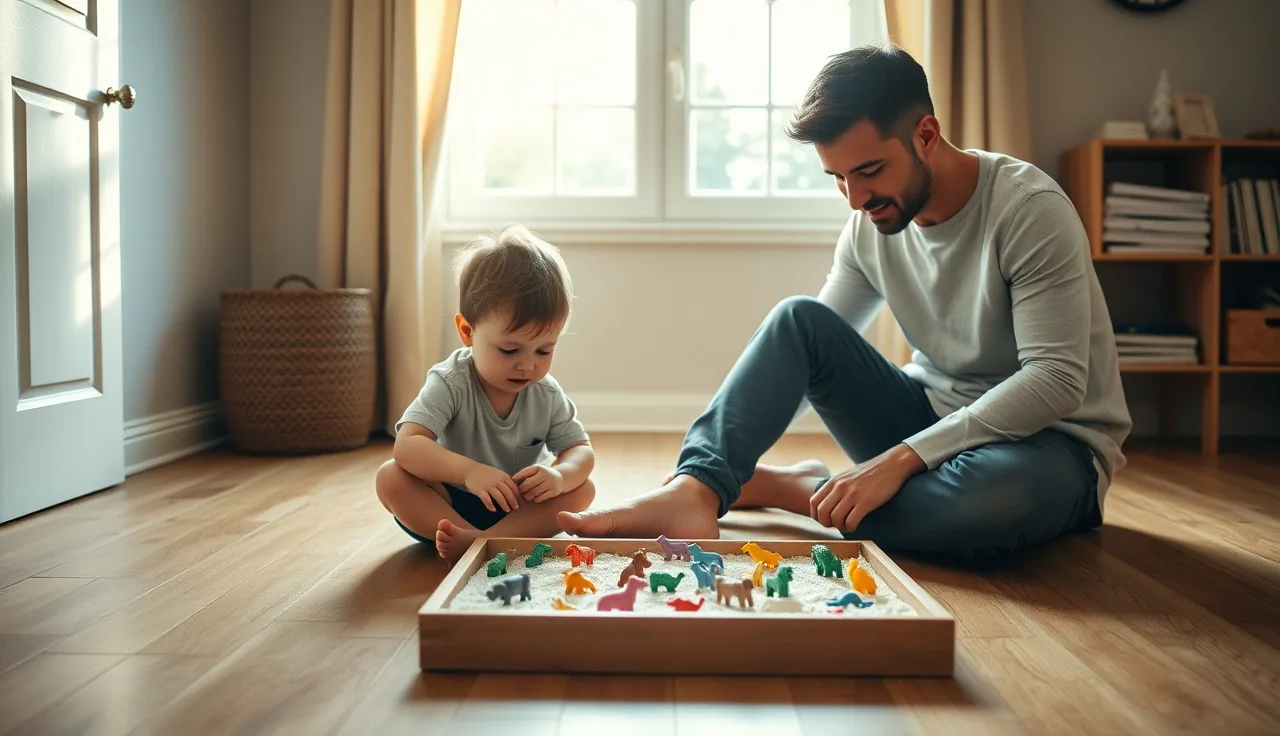 Child and adult playing with animal figures in a sand tray during a play therapy session