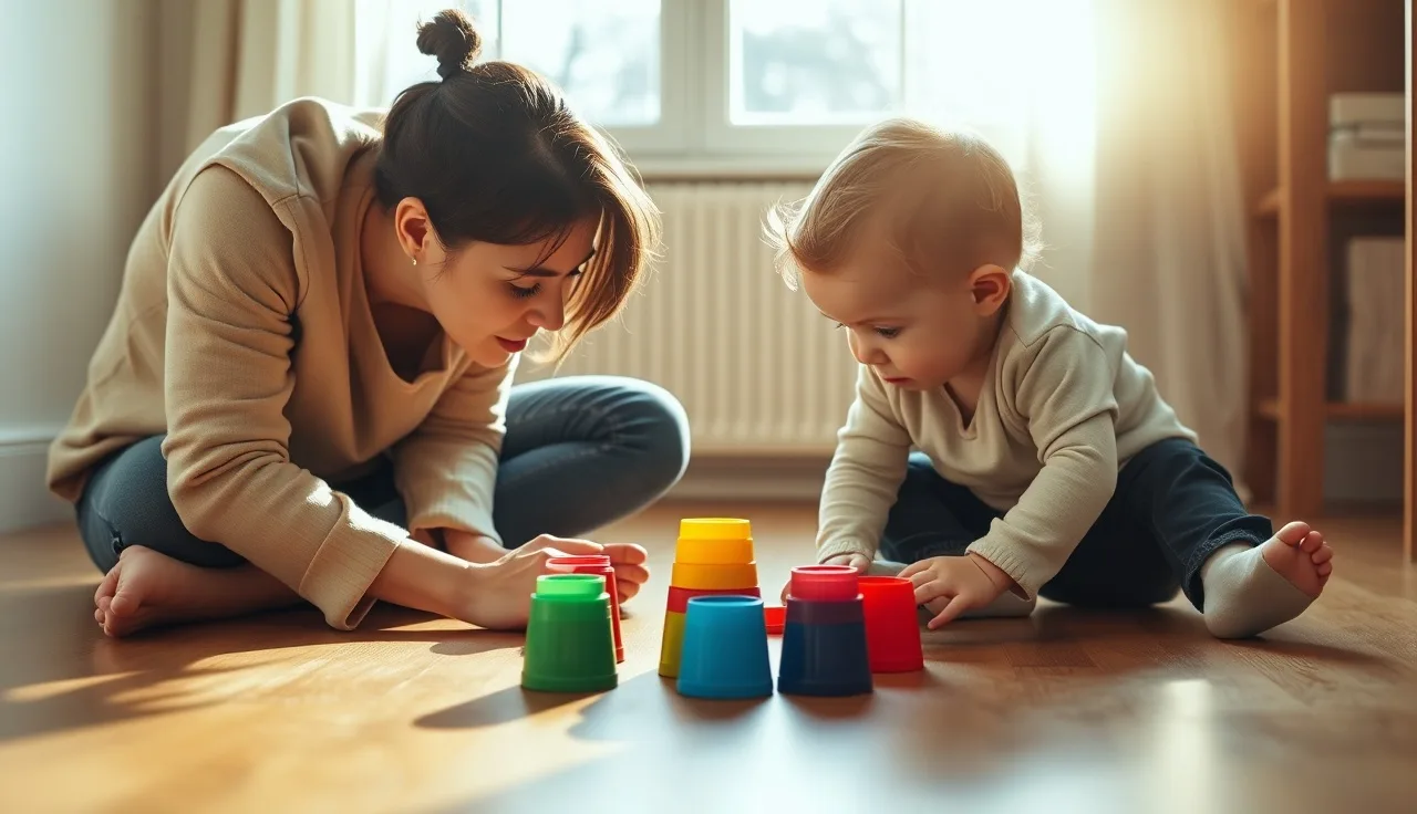Parent and toddler playing with stacking cups on a wooden floor