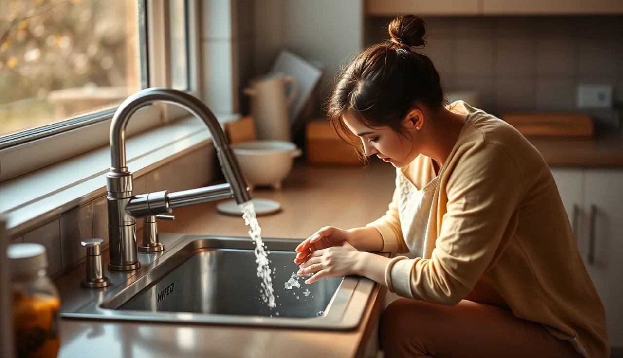 Parent and toddler washing hands together at kitchen sink during morning routine