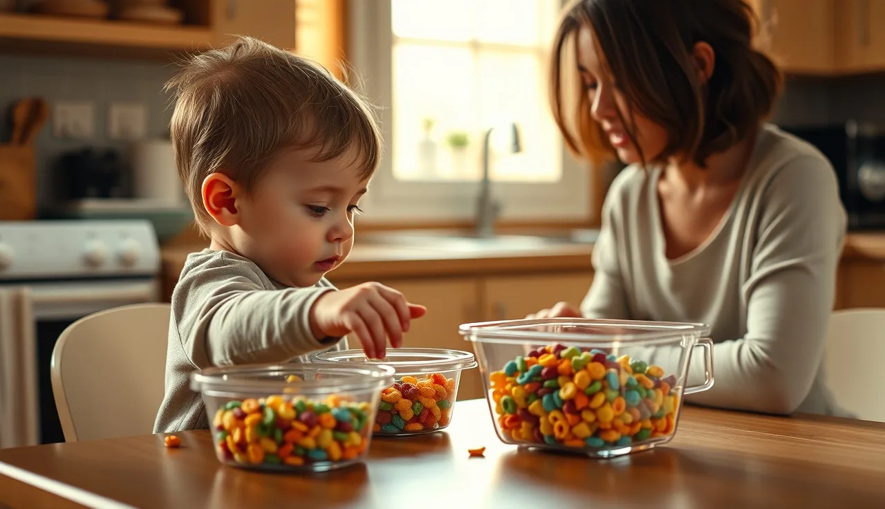 Toddler reaching toward a closed snack container while parent waits nearby at kitchen table
