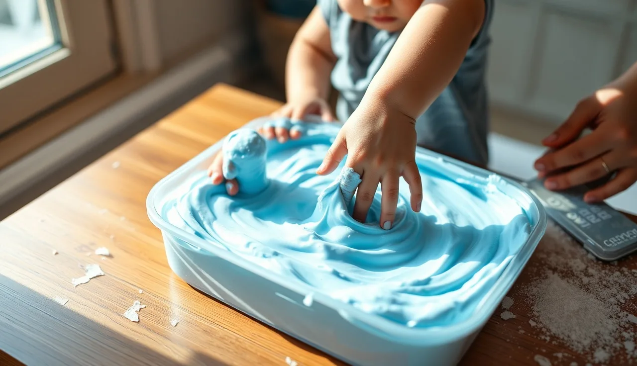 Toddler and caregiver playing with shaving cream on a wooden table during sensory play
