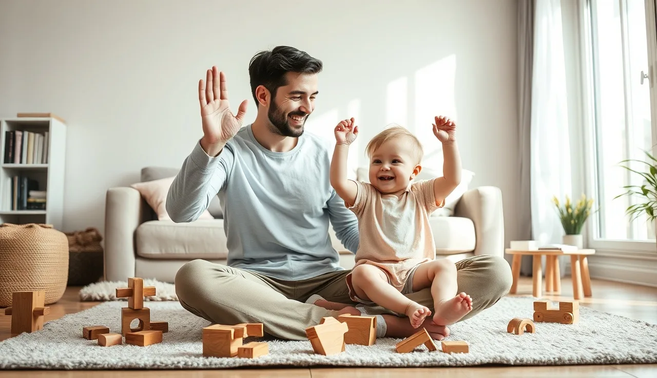 Parent and toddler on rug practicing hand signs together during morning play