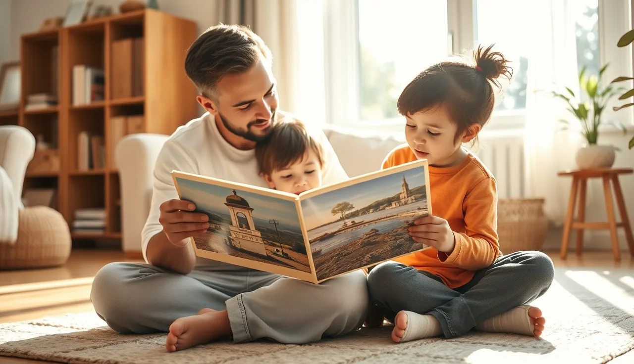 Parent and child reading a picture book together on a sunny living room floor