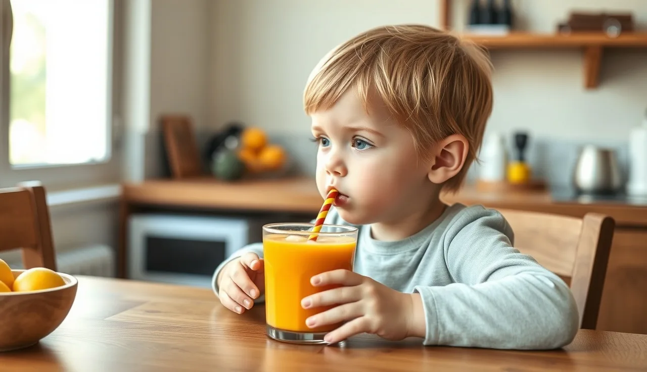 Young child practicing sucking through a wide straw in a smoothie cup