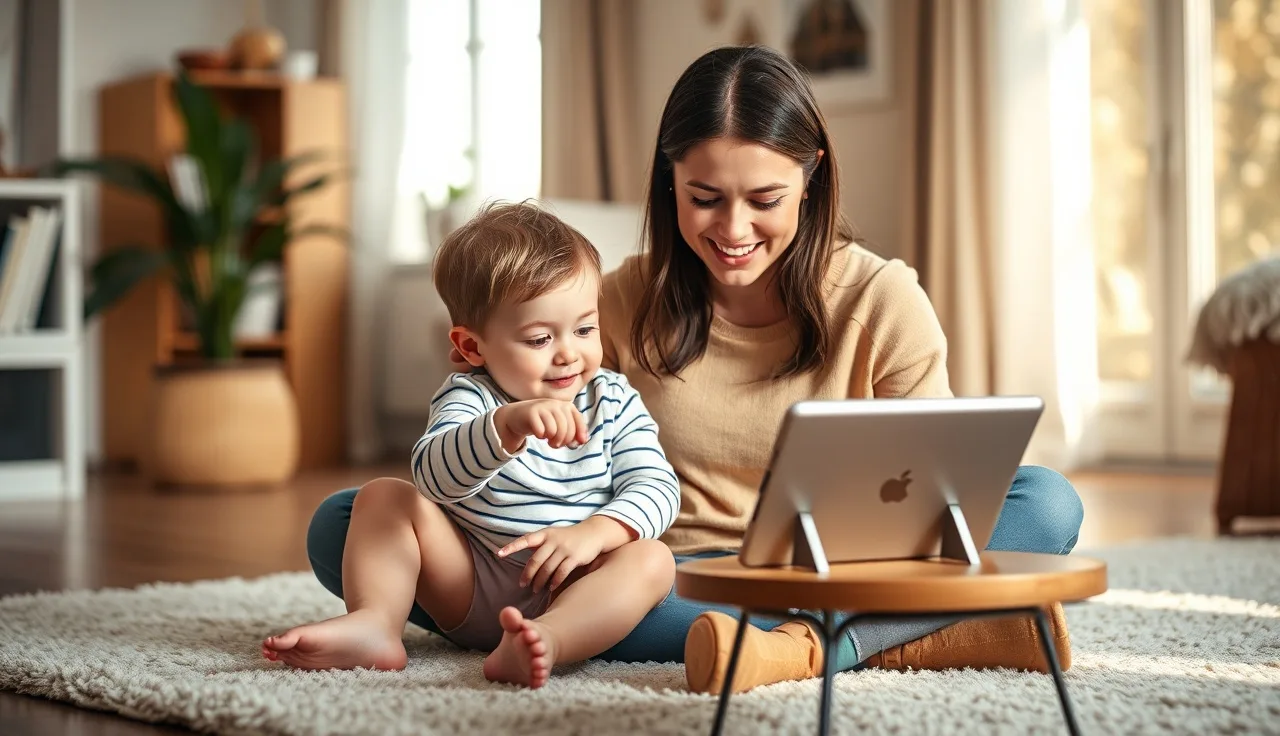 Mother and toddler watching a tablet together on a rug, speech learning at home