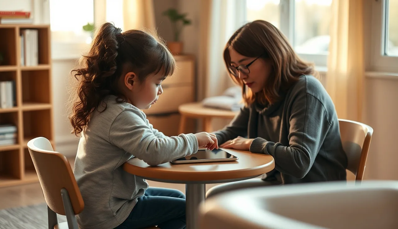 Child and speech therapist reviewing an AAC communication device together at a table