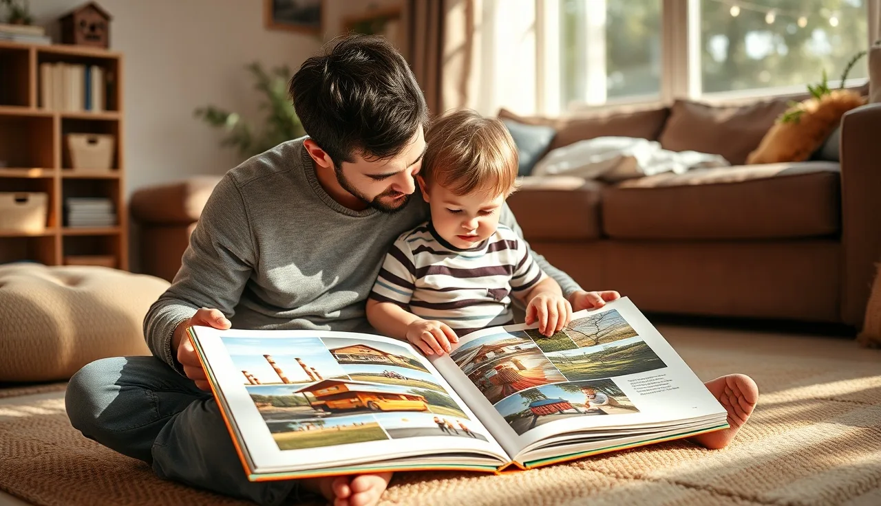 Parent and toddler reading a homemade picture book with photo pages on the floor