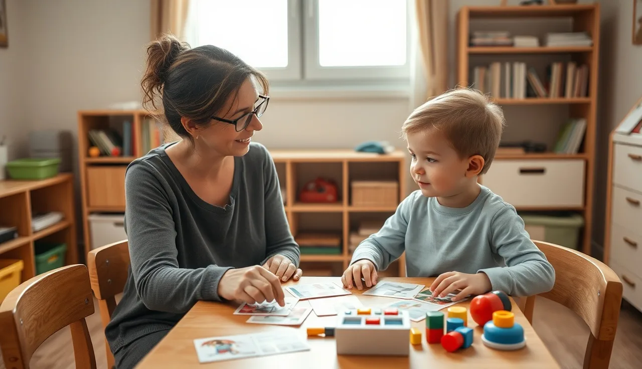 Speech therapist and toddler working with picture cards during an IEP therapy session