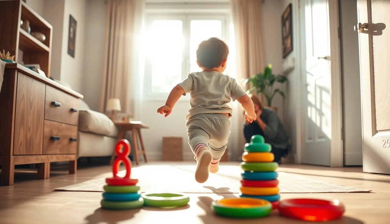 Energetic toddler running indoors while parent watches, showing hyperactive behavior and language development moment