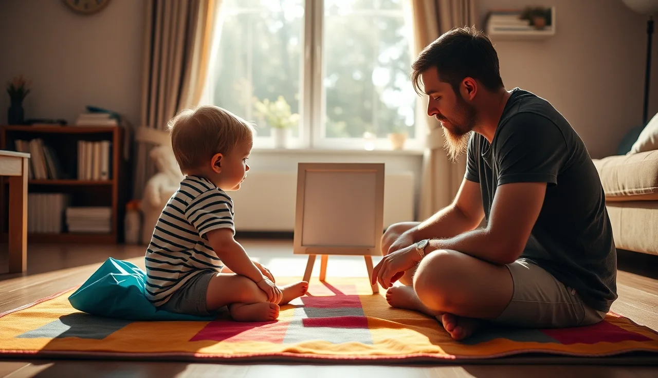 Child and adult communicating together using a picture symbol board on floor