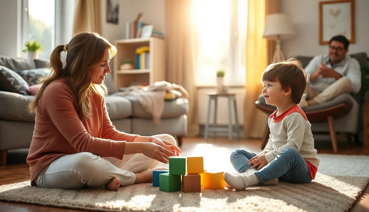 Speech therapist working with a toddler on the floor during an early intervention home visit