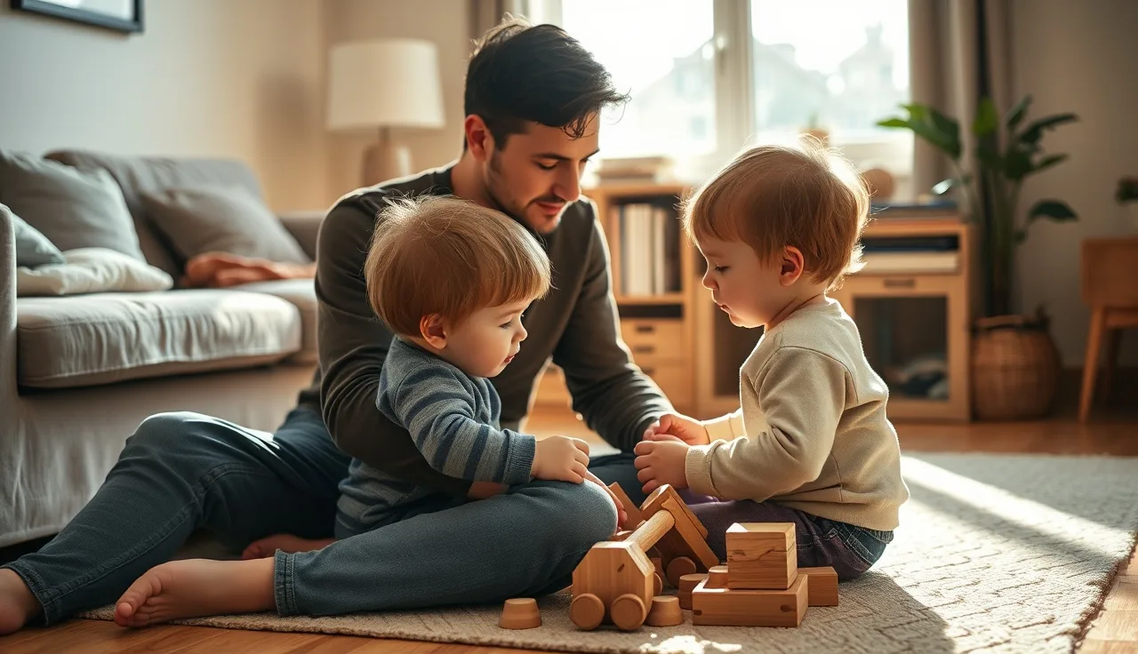 Young child and parent sitting face to face during communication play at home