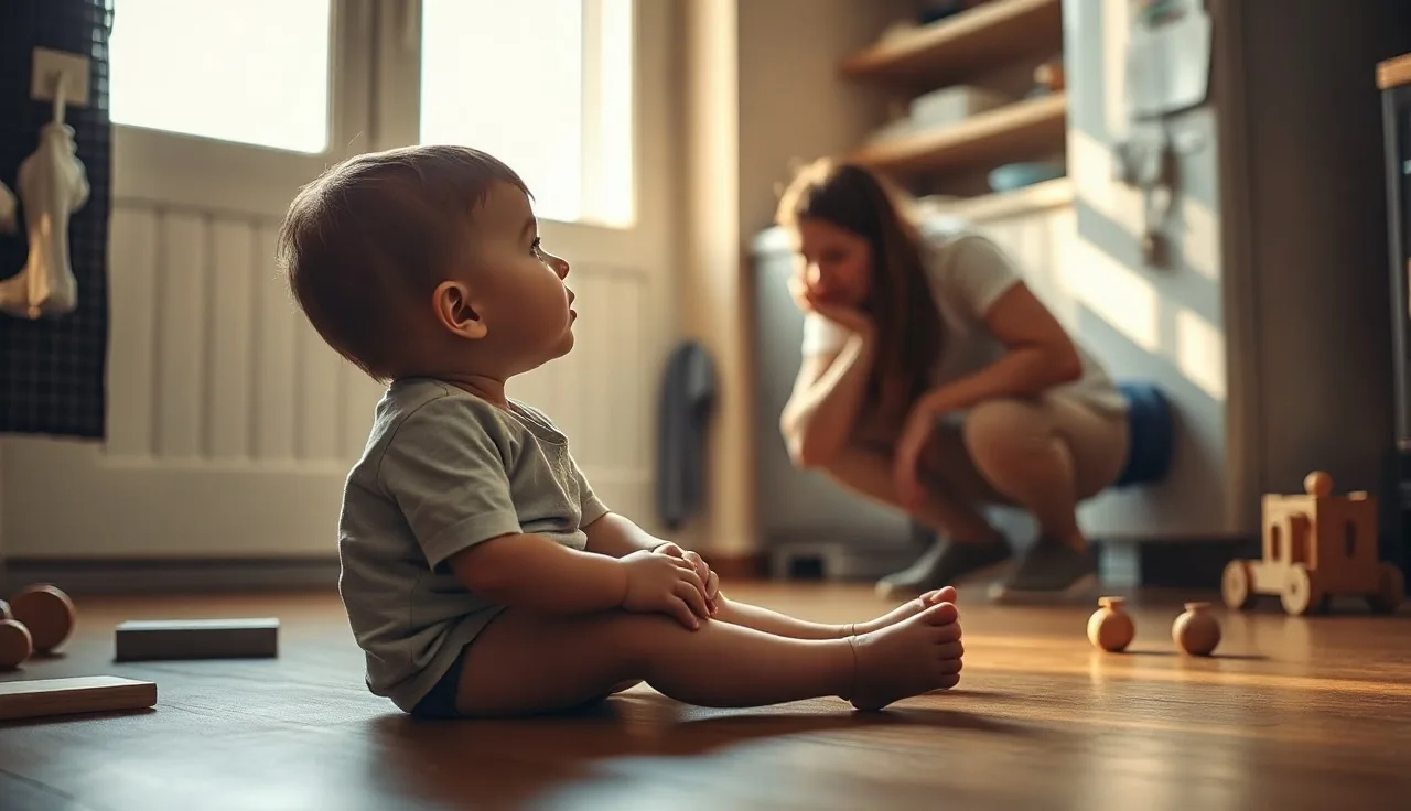 Toddler on kitchen floor making eye contact with parent speaking to them