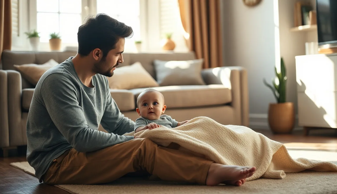 Parent and infant face to face on a sunlit floor, engaging in early speech interaction