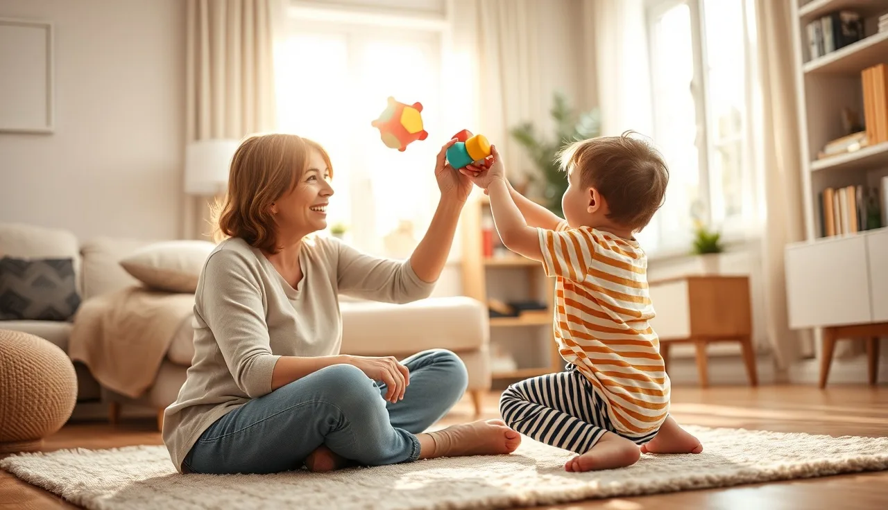 Speech therapist and toddler playing with a toy during a home therapy session