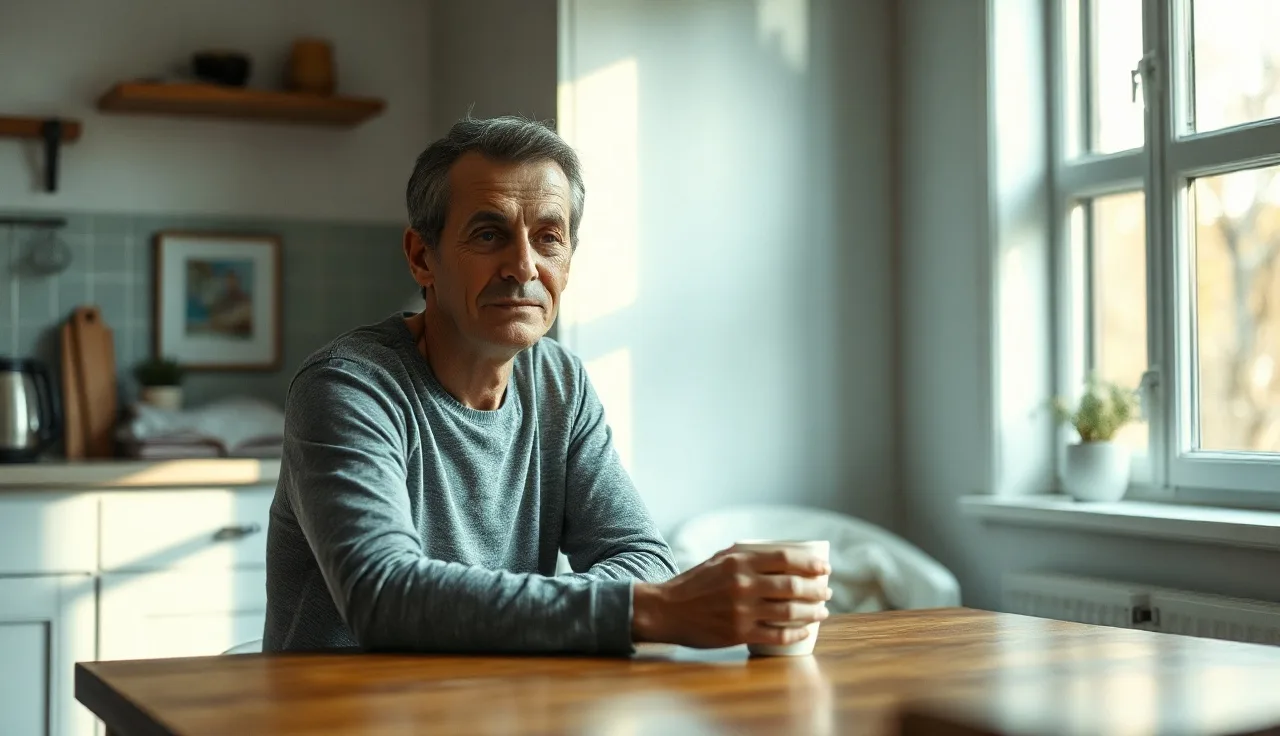 Adult sitting quietly at kitchen table in morning light, appearing in internal thought