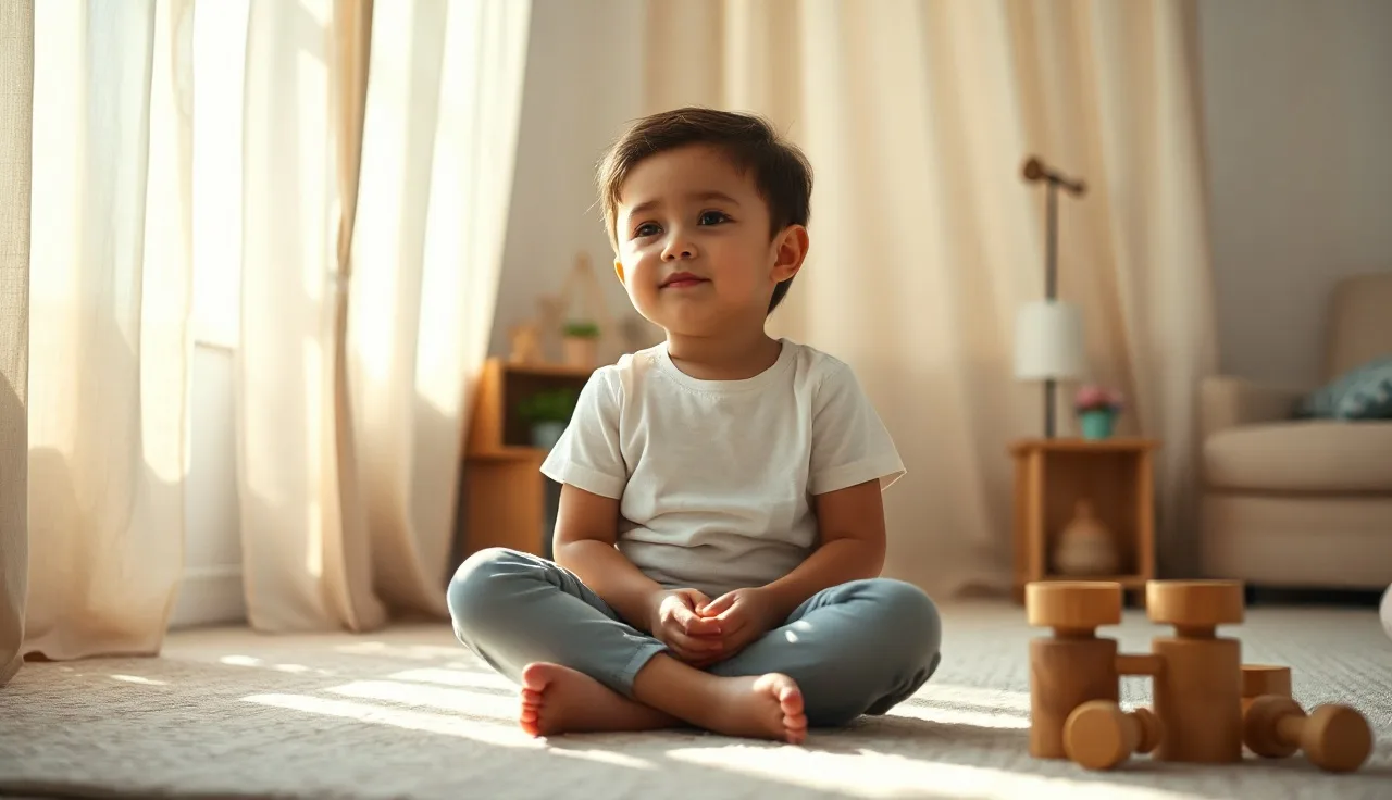 Young child sitting quietly on bedroom floor appearing to think, soft natural light