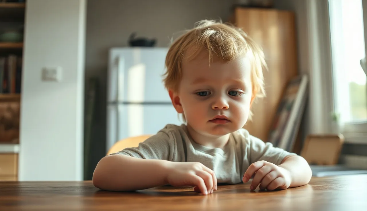 Young child sitting quietly at a kitchen table with an inward gaze, illustrating internalized echolalia