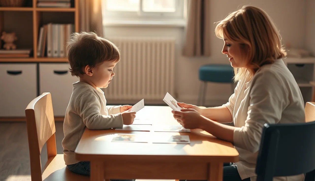 Young child and speech therapist working together at a table during apraxia therapy session