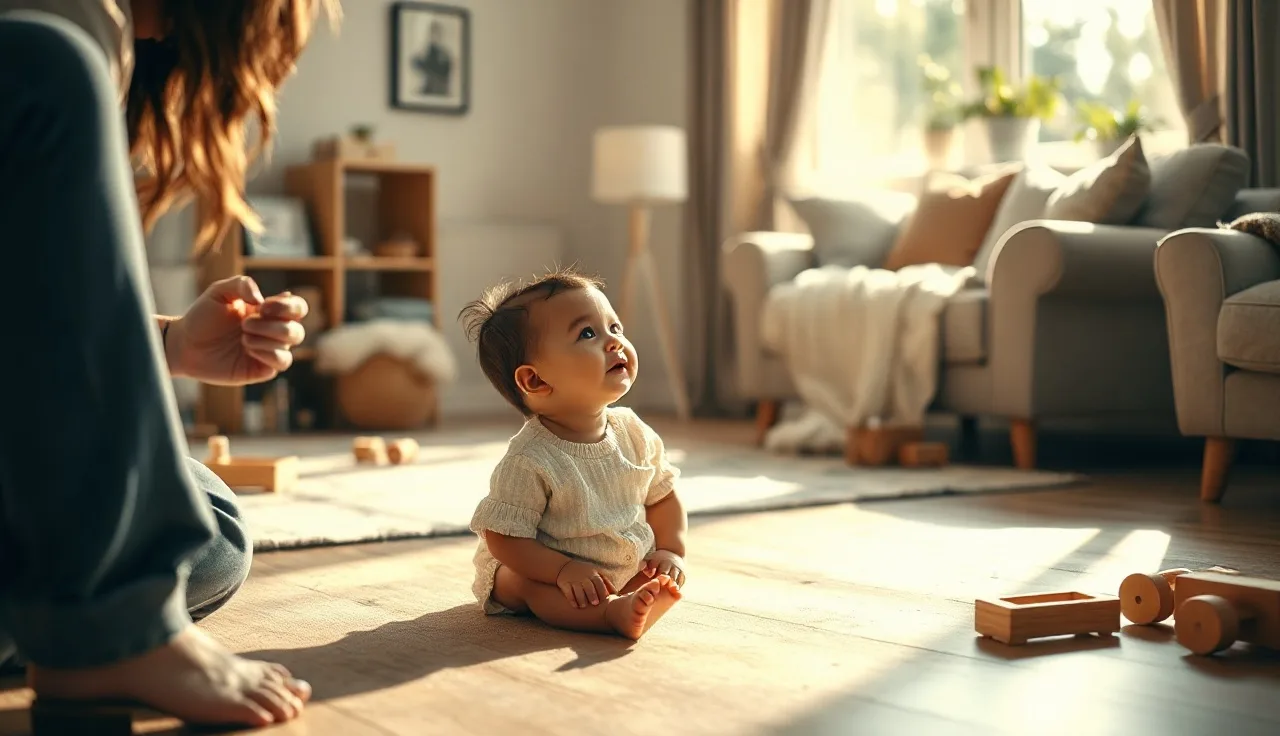 Toddler on living room floor looking up at parent speaking, delayed echolalia in child development