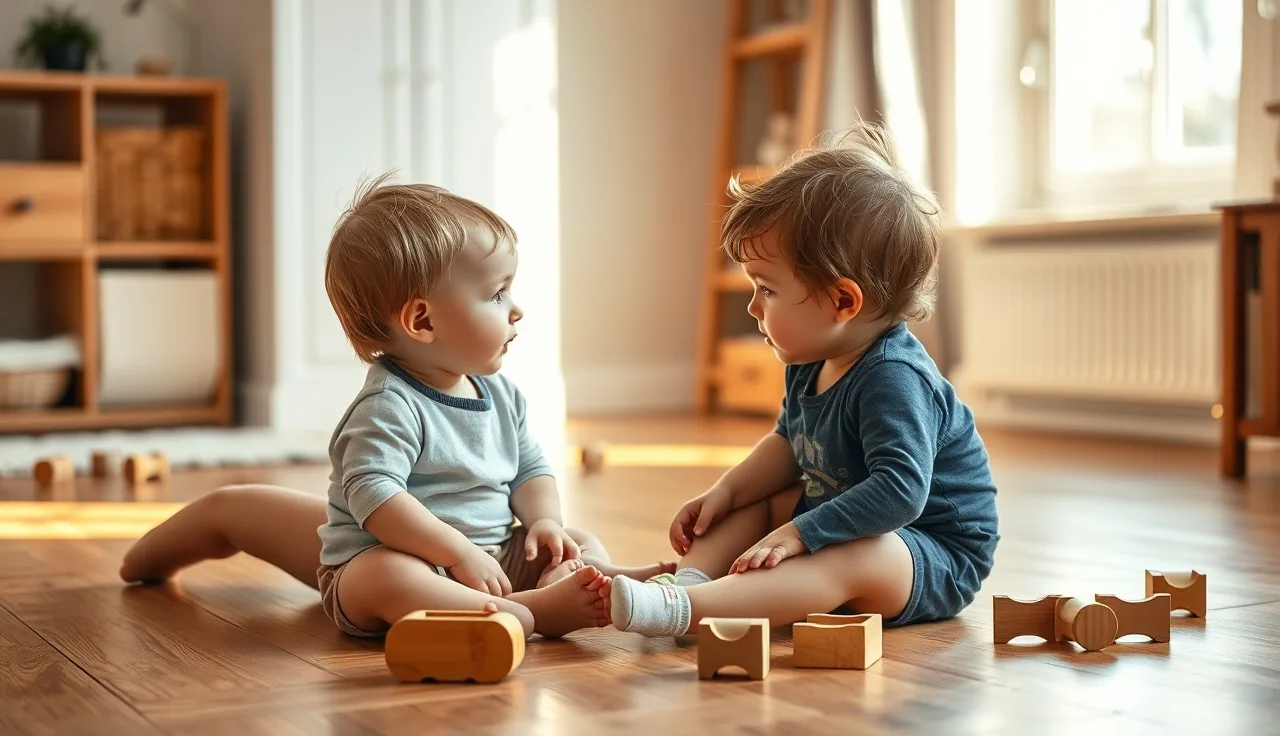 Young toddler and parent face to face on wooden floor, child speaking