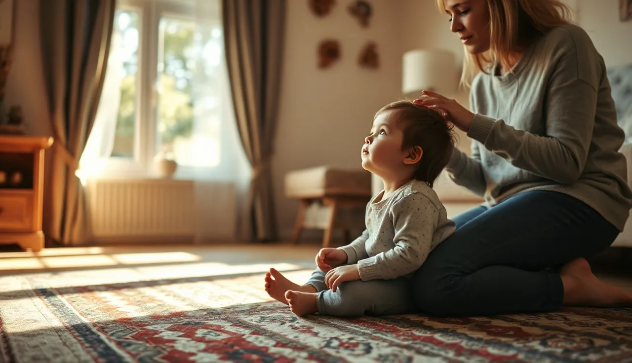 Toddler and parent talking together on a living room rug during speech practice