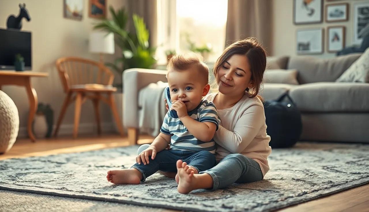 Toddler holding toy phone on a rug, practicing speech through play